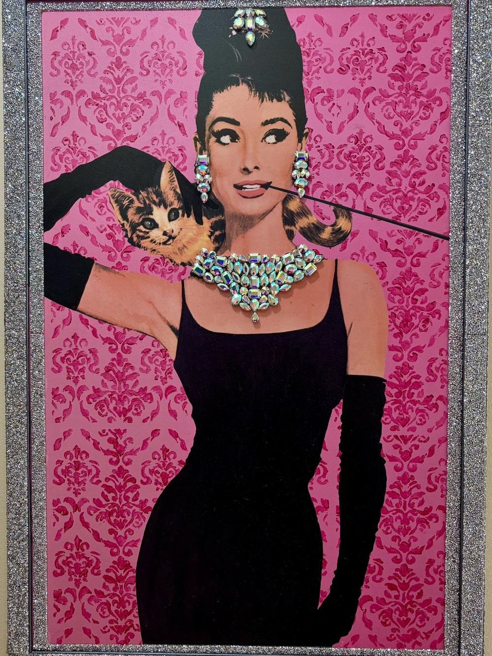Vintage Embellished Audrey Hepburn Painting. Black Dress Pink Damask Background